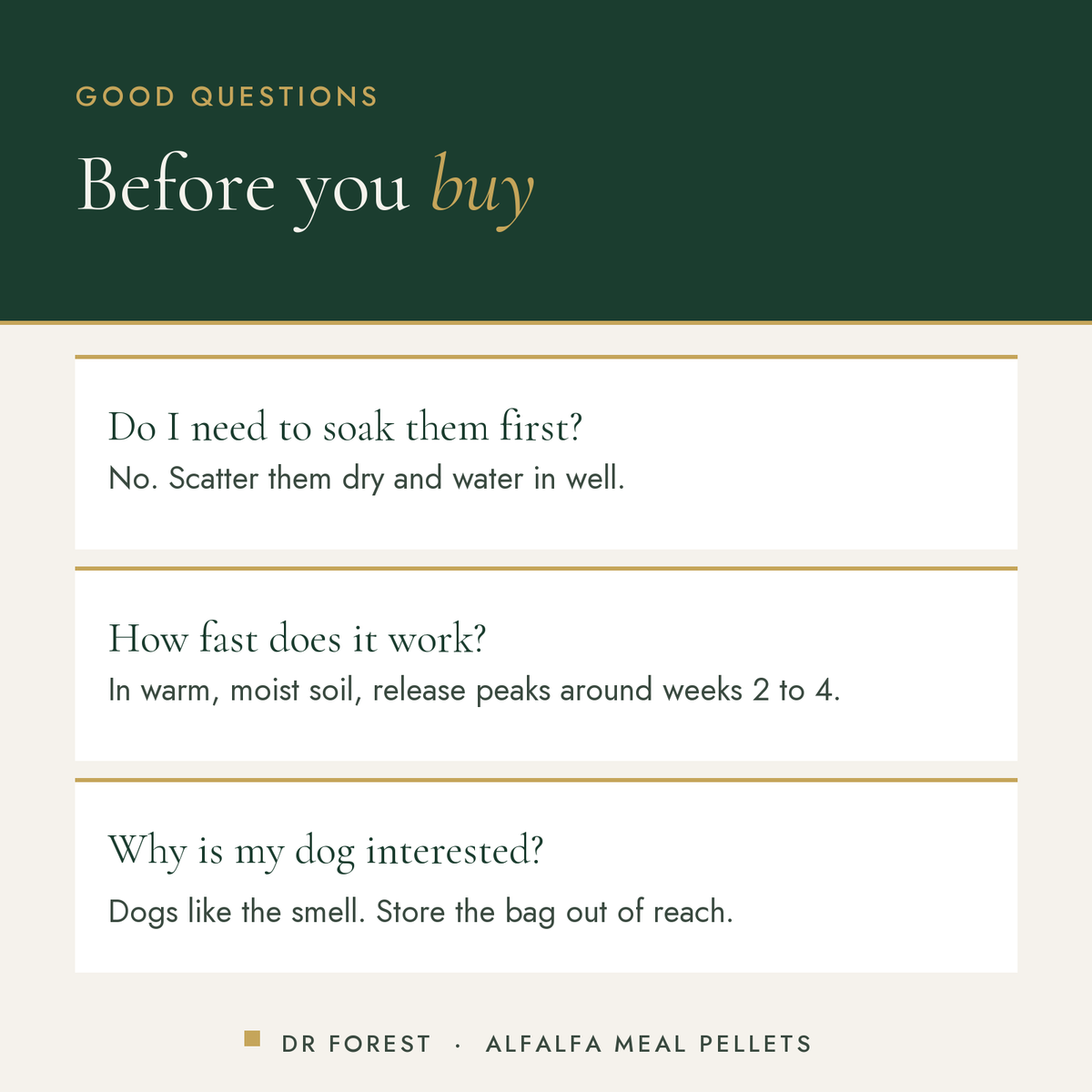 Dr Forest Alfalfa Meal Pellets 2.5-0.3-2 common questions: Do I need to soak them first? How fast does it work? Why is my…