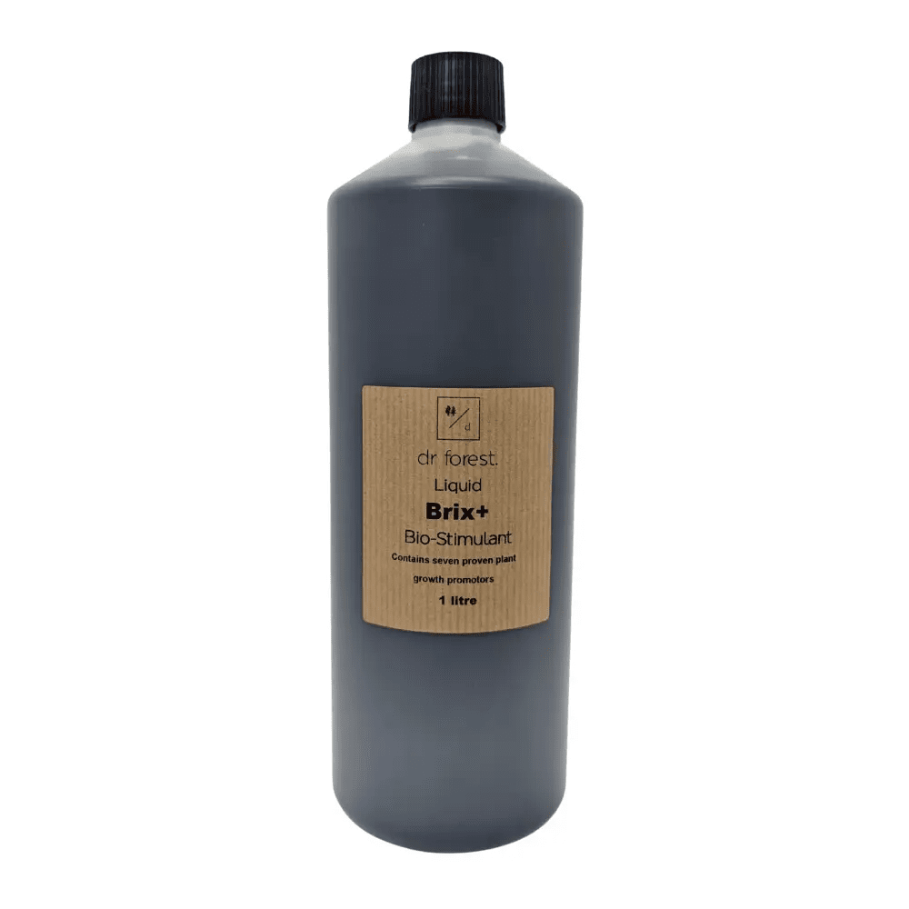 Liquid Seaweed Biostimulant — 1 litre bottle of dark blue-grey liquid with dr forest Liquid Brix+ Bio-Stimulant label