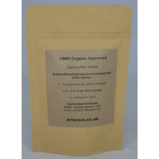 Organic Amino Chelated Calcium — back of kraft pouch with OMRI Organic Approved, Application Rates, Guaranteed Analysis