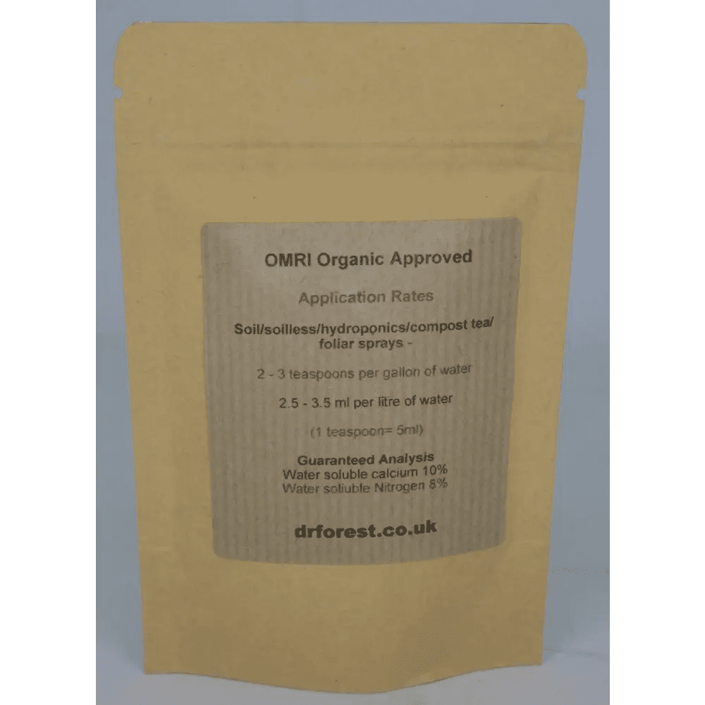Organic Amino Chelated Calcium — back of kraft pouch with OMRI Organic Approved, Application Rates, Guaranteed Analysis