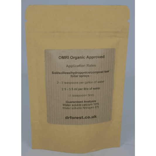 Organic Amino Chelated Calcium — back of kraft pouch with OMRI Organic Approved, Application Rates, Guaranteed Analysis