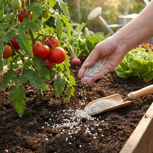 Sulphate of Potash — hand scattering white granules around tomato plants over dark soil in raised bed