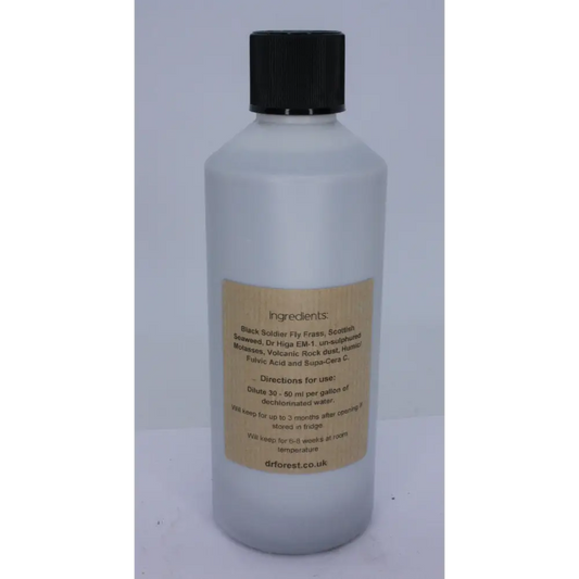Organic Liquid Veg Booster — back of bottle with Ingredients panel listing BSF frass, seaweed, EM-1, molasses