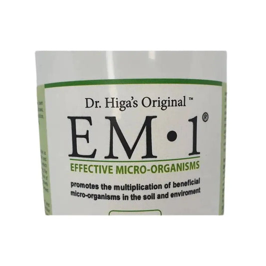 EM-1 Effective Microorganisms — close-up of bottle label, Effective Micro-Organisms wording