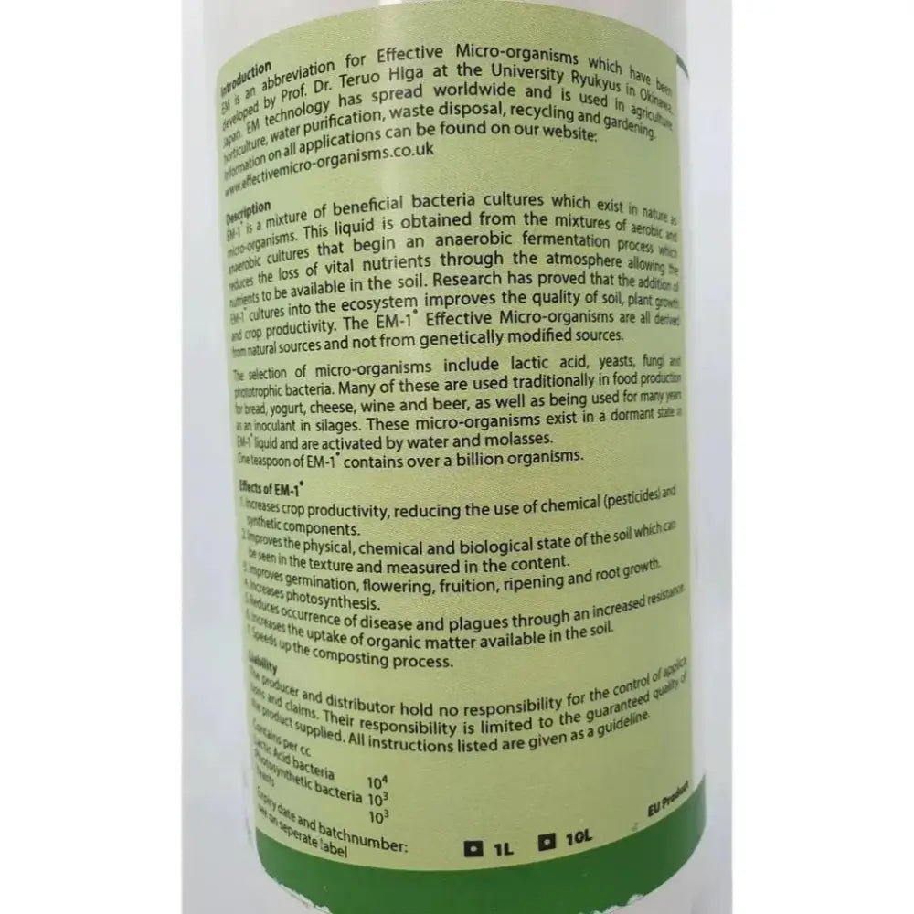 EM-1 Effective Microorganisms — close-up of green back label with Introduction, Description and Effects of EM-1