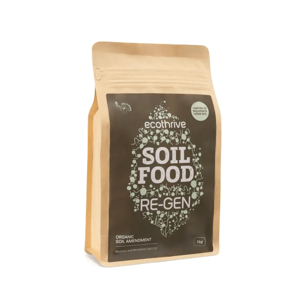 Ecothrive Soil Food — 1kg kraft pouch with ecothrive Soil Food Re-Gen grey-green leaf graphic, soil amendment