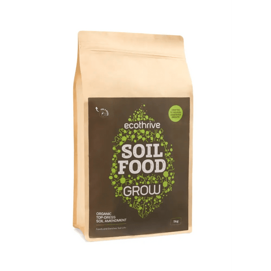 Ecothrive Soil Food — 5kg kraft pouch with ecothrive Soil Food Grow green leaf graphic, top-dress soil amendment