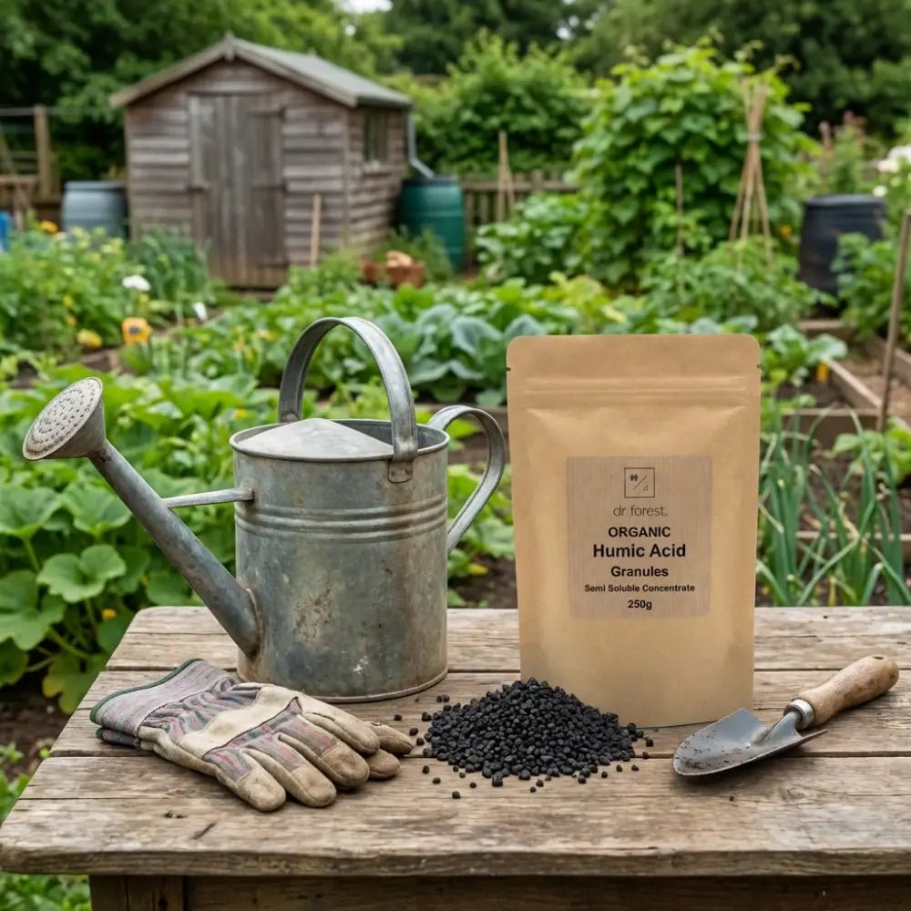 Humic Acid Flakes — kraft pouch with spilled black granules on bench beside watering can and gloves in allotment