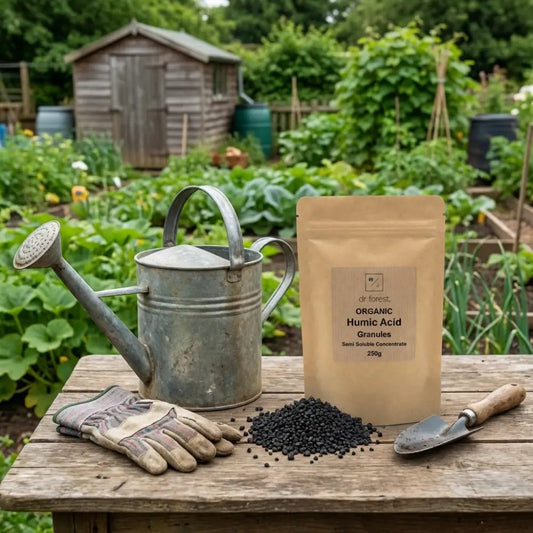 Humic Acid Flakes — kraft pouch with spilled black granules on bench beside watering can and gloves in allotment