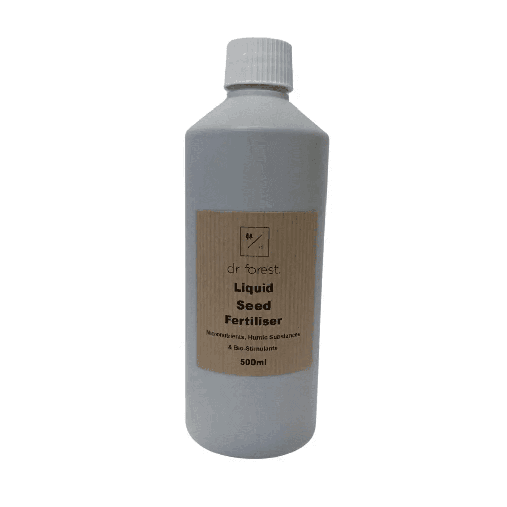 Organic Liquid Seedling Fertiliser — 500ml grey opaque bottle with black cap; kraft label: Dr Forest Liquid Seed Fertiliser