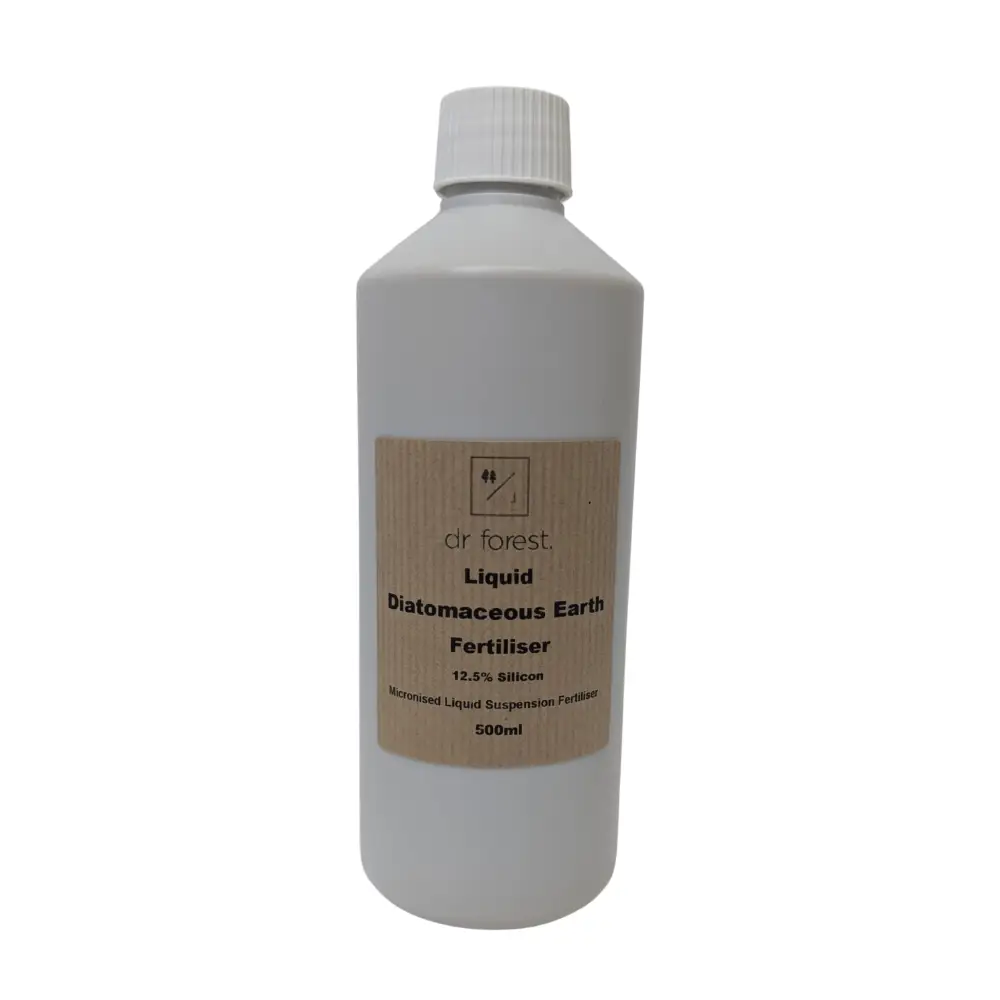 Liquid Silica Fertiliser — 500ml white bottle with ribbed cap, kraft label: Dr Forest Liquid Diatomaceous Earth Fertiliser 12.5% Silicon
