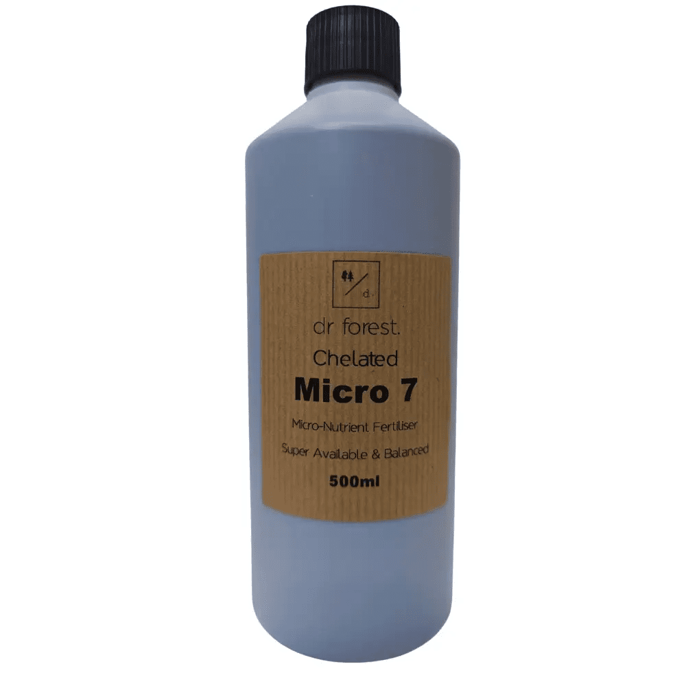 Organic Liquid Micro-Nutrients — 500ml grey bottle with black cap; kraft label: Dr Forest Chelated Micro 7 Micro-Nutrient Fertiliser