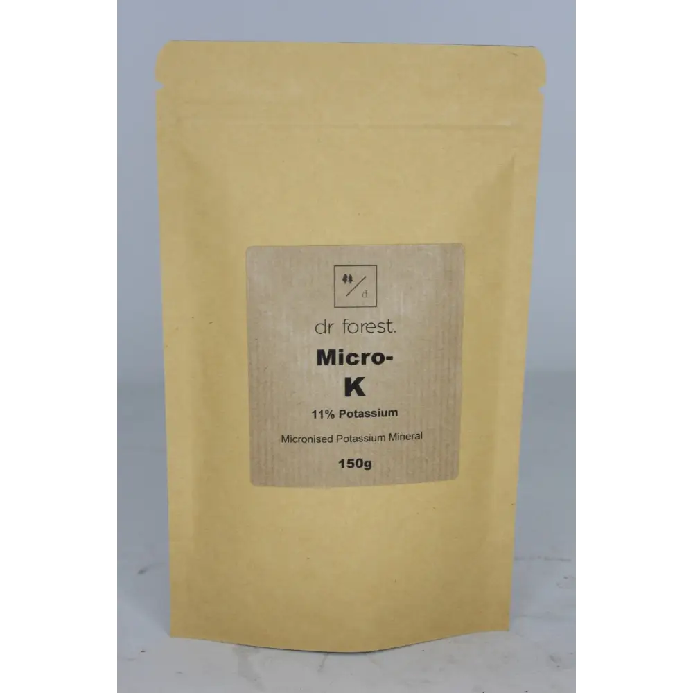 Organic Potassium Fertiliser — 150g kraft pouch with dr forest Micro-K 11% Potassium, Micronised Potassium Mineral