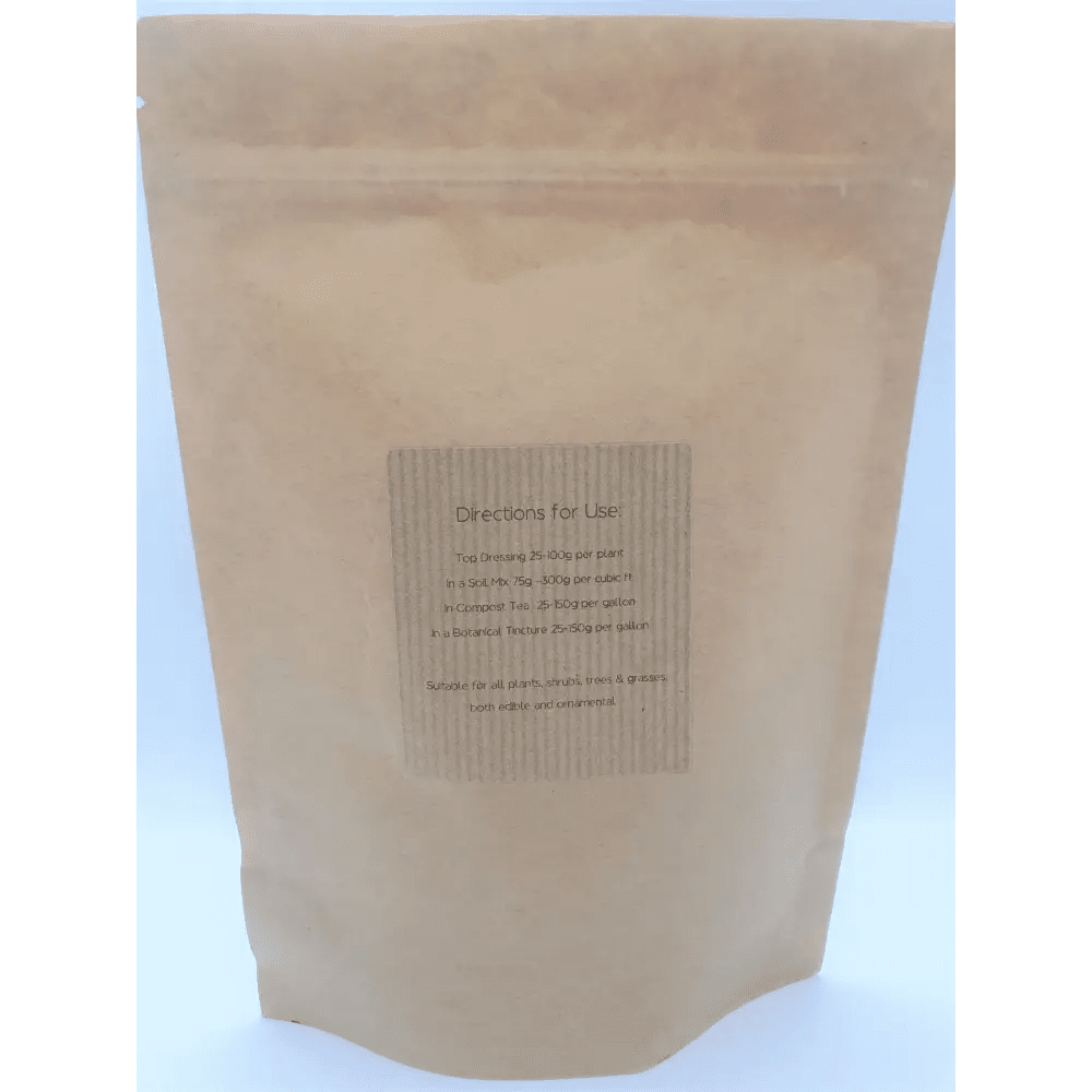Volcanic Rock Dust — back of kraft pouch with Directions for Use panel