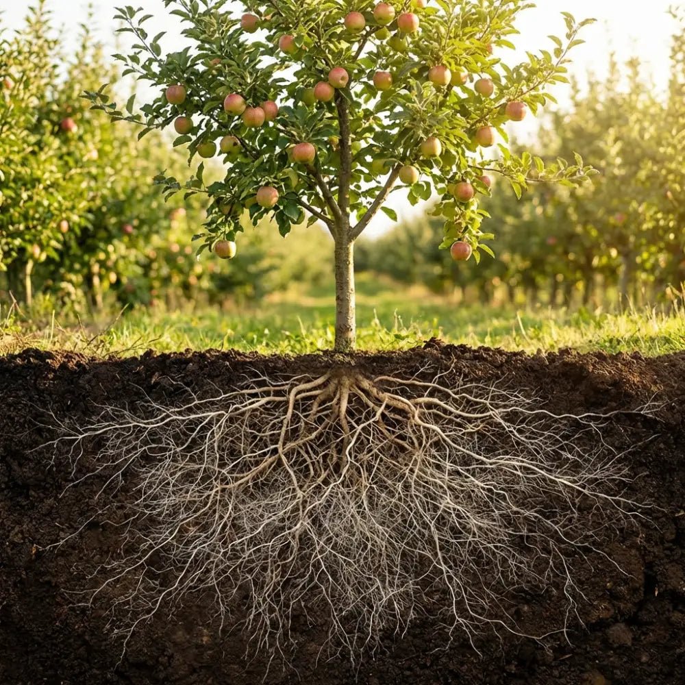 Mycorrhizal Fungi Powder — young apple tree with extensive cutaway root system visible below the soil line