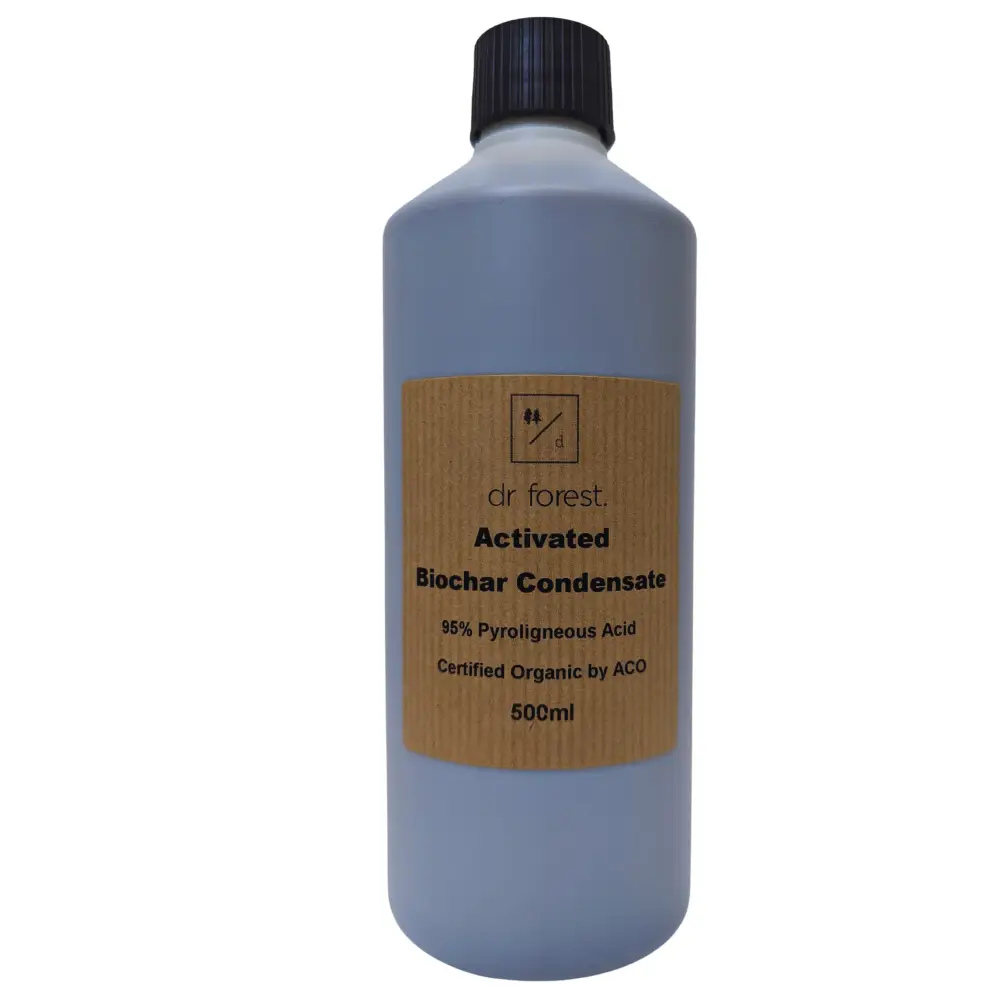 Organic Wood Vinegar — 500ml slate-grey bottle; kraft label: Dr Forest Activated Biochar Condensate 95% Pyroligneous Acid, Certified Organic by ACO