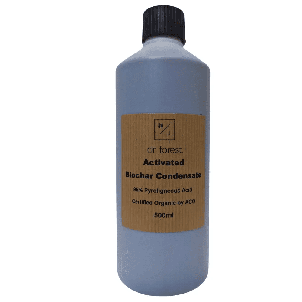 Organic Wood Vinegar — 500ml slate-grey bottle; kraft label: Dr Forest Activated Biochar Condensate 95% Pyroligneous Acid, Certified Organic by ACO