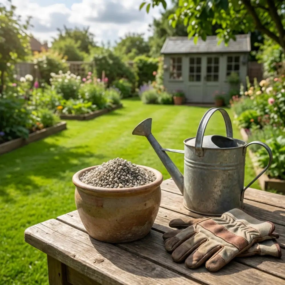 Polyhalite Fertiliser — terracotta pot of granules with watering can and gloves on bench in sunlit cottage garden
