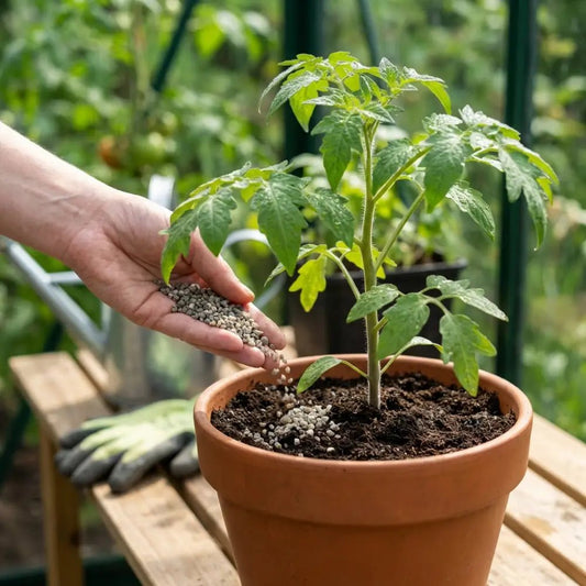 Polyhalite Fertiliser — hand sprinkling pink-grey granules over young tomato seedling in terracotta pot