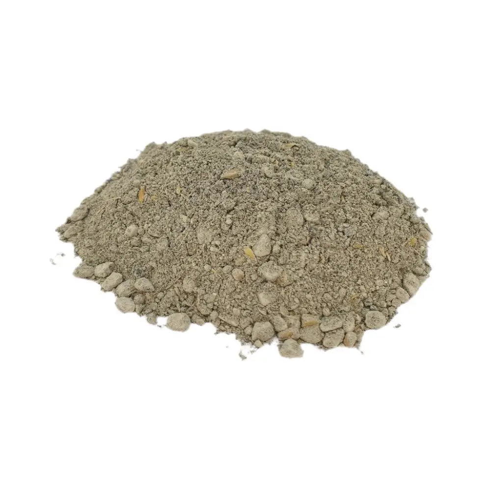 Organic Late Bloom Fertiliser — mound of pale-grey powder with small granules and grit