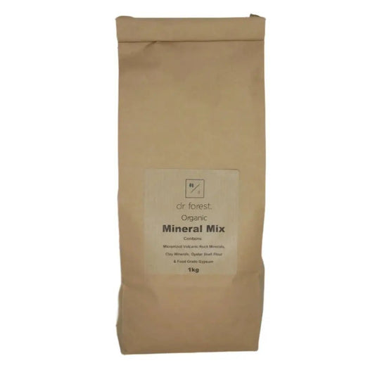 Trace Element Mineral Mix — 1kg kraft paper bag with dr forest label listing volcanic rock, clay, oyster shell, gypsum