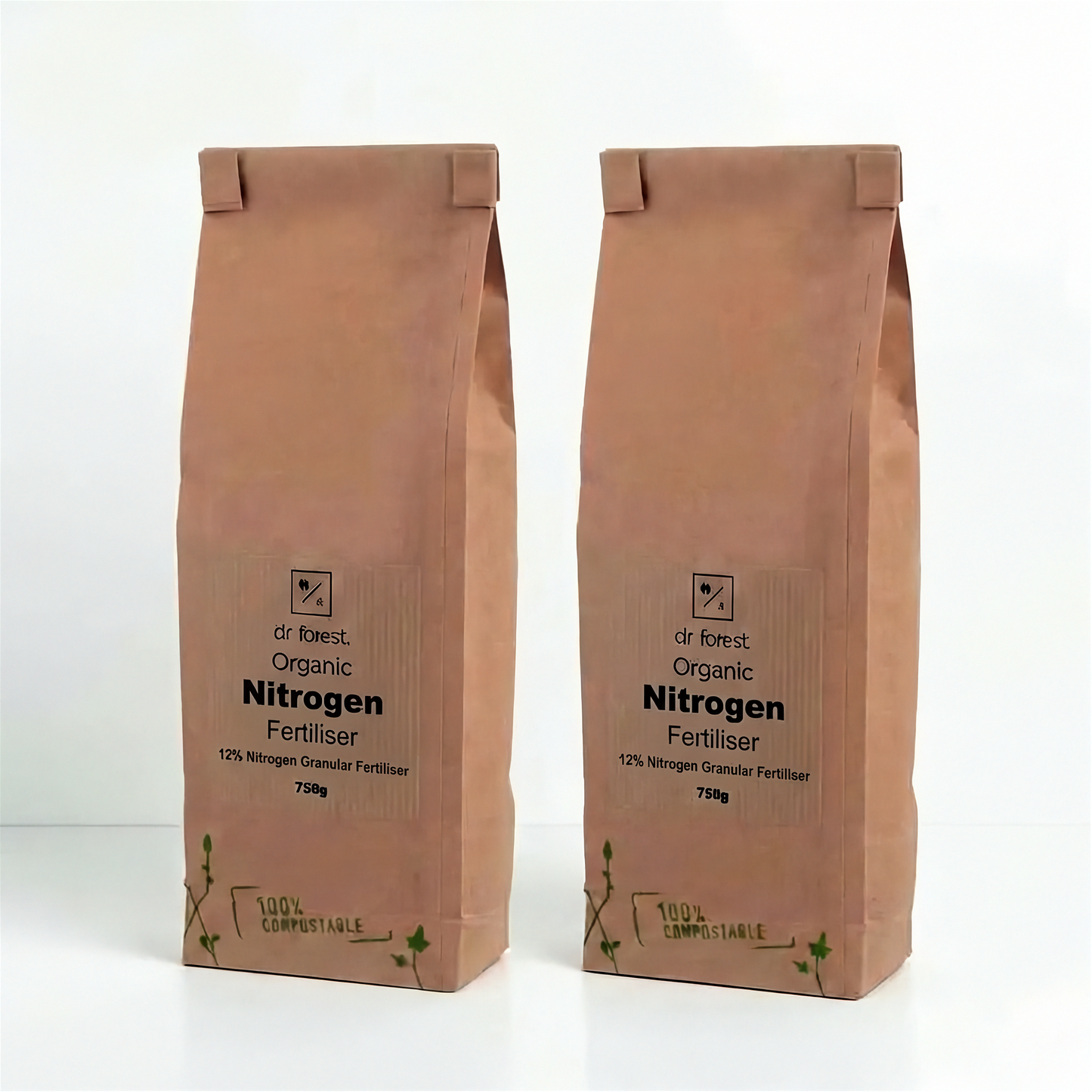 High Nitrogen Fertiliser — two 750g kraft bags with dr forest Organic Nitrogen Fertiliser 12% Nitrogen Granular label