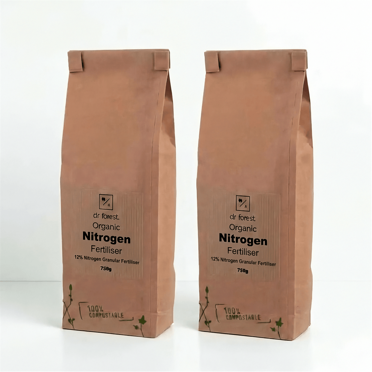 High Nitrogen Fertiliser — two 750g kraft bags with dr forest Organic Nitrogen Fertiliser 12% Nitrogen Granular label