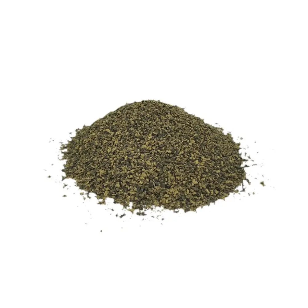 Scottish Seaweed Meal — mound of finely chopped olive-green dried seaweed flakes