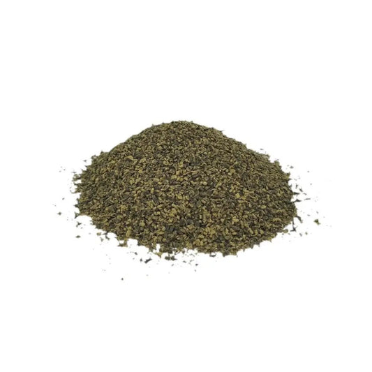 Scottish Seaweed Meal — mound of finely chopped olive-green dried seaweed flakes