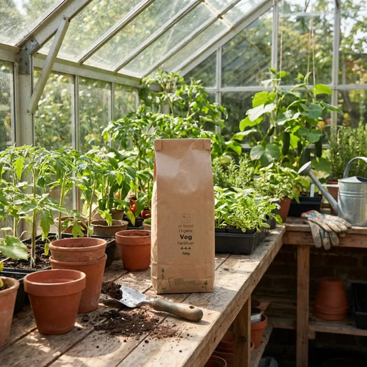 Organic Veg Stage Fertiliser — 750g kraft bag on potting bench in sunny greenhouse with tomato and pepper plants