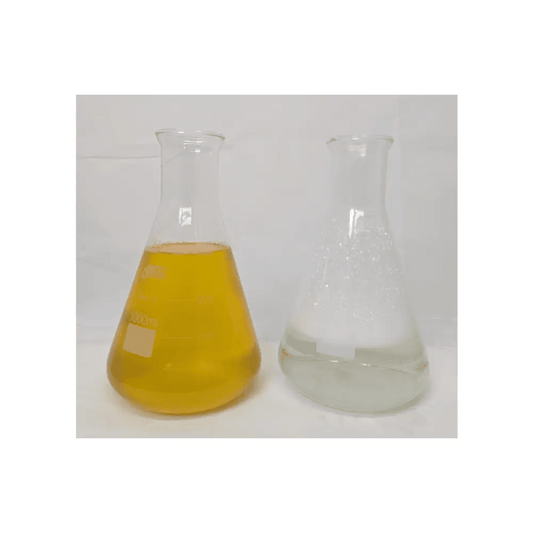 Organic Plant Soap — two Erlenmeyer flasks: yellow soap liquid in one, sudsy clear water in the other
