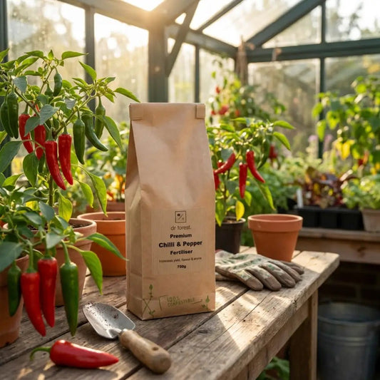 Organic Chilli & Pepper Fertiliser — kraft bag on greenhouse bench with red chillies, peppers and terracotta pots