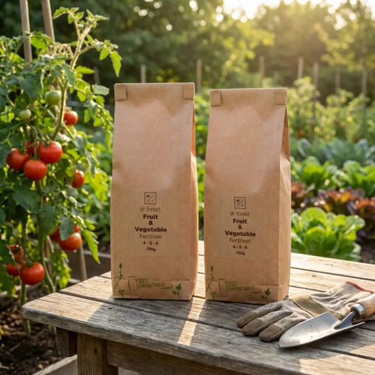 Organic Fruit & Vegetable Fertiliser — two 750g kraft bags on rustic bench in golden-hour garden with tomatoes and trowel