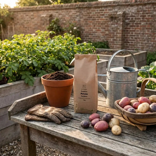 Organic Potato Fertiliser — kraft bag and terracotta pot on rustic bench beside trug of harvested potatoes in walled garden