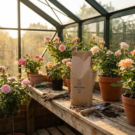 Organic Rose Fertiliser — kraft Rose & Flower bag on sunlit potting bench among pink and peach rose bushes