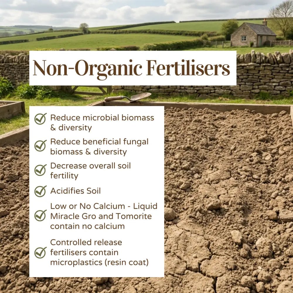Organic Rose Fertiliser — Non-Organic Fertilisers graphic listing harms over dry cracked field