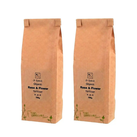 Organic Rose Fertiliser — two 750g kraft paper bags with dr forest Organic Rose & Flower Fertiliser 5-3-5 label