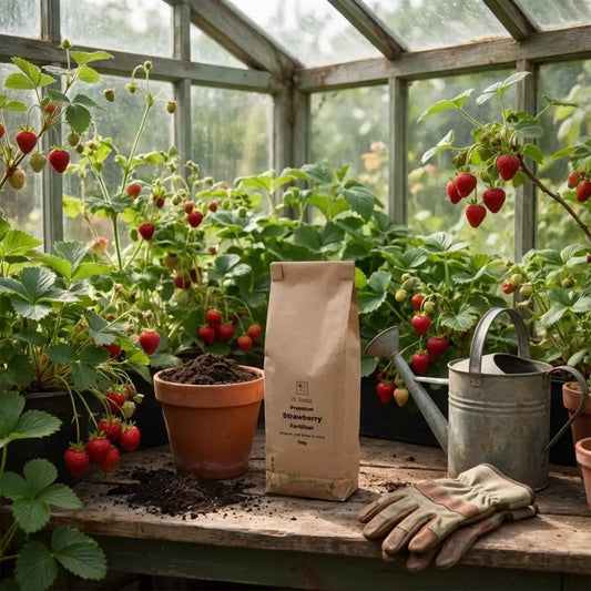 Organic Strawberry Fertiliser — kraft bag in greenhouse on potting bench with hanging strawberry plants and watering can
