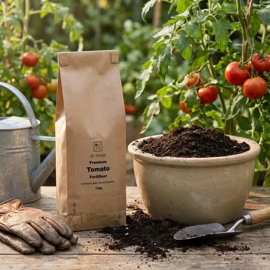 Organic Tomato Fertiliser — kraft bag and stoneware pot of compost on rustic table with ripening tomato plants behind