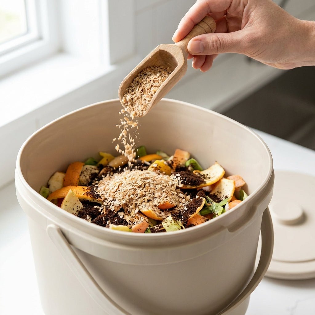 Bokashi bran sprinkled over kitchen food scraps in a sealed composting bucket