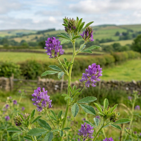 Flowering alfalfa (Medicago sativa) plant with purple blooms, growing in a UK pastoral landscape with rolling hills and dry stone walls