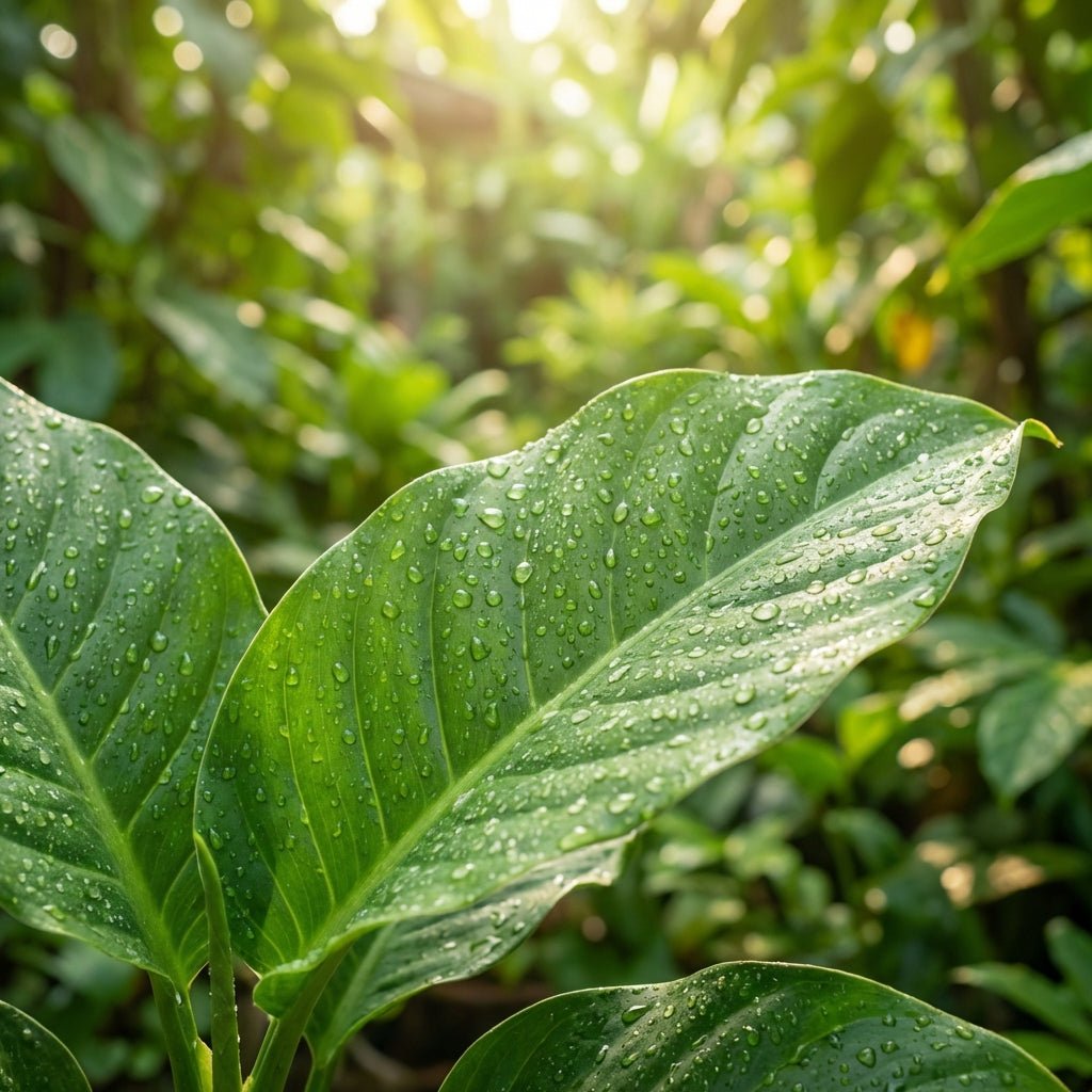 Close-up of large broad leaves covered in water droplets, sunlit green foliage behind