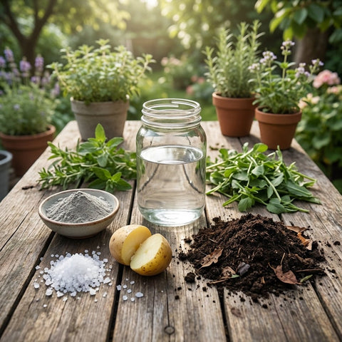 Garden table with a glass jar of water, grey powder, salt, a halved potato and dark soil, beside potted herbs