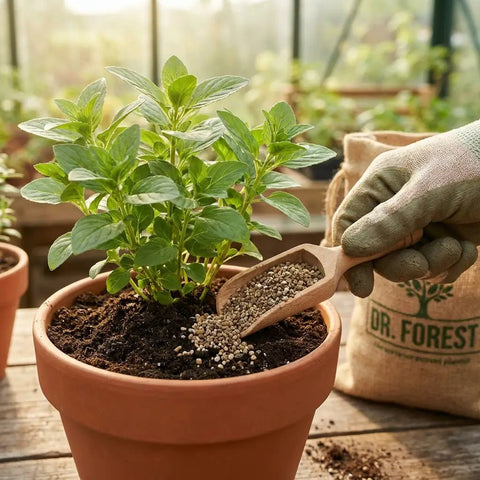 Gloved hand scooping pelleted fertiliser into a terracotta pot of herbs, a hessian Dr Forest sack alongside, sunny greenhouse