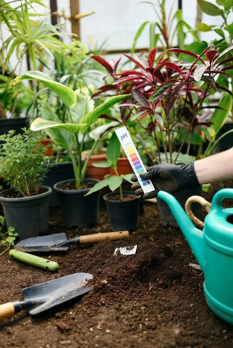 Gloved hand holding a pH test strip and colour chart over potted plants, with trowels and a teal watering can in a greenhouse