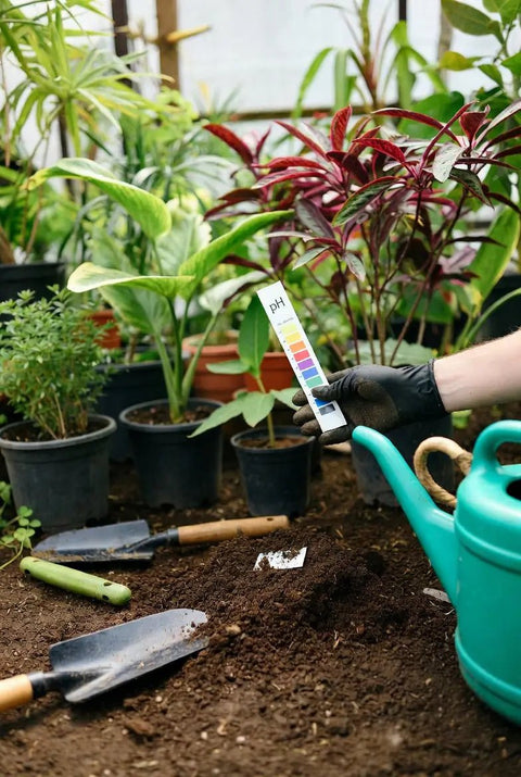 Gloved hand holding a pH test strip and colour chart over potted plants, with trowels and a teal watering can in a greenhouse