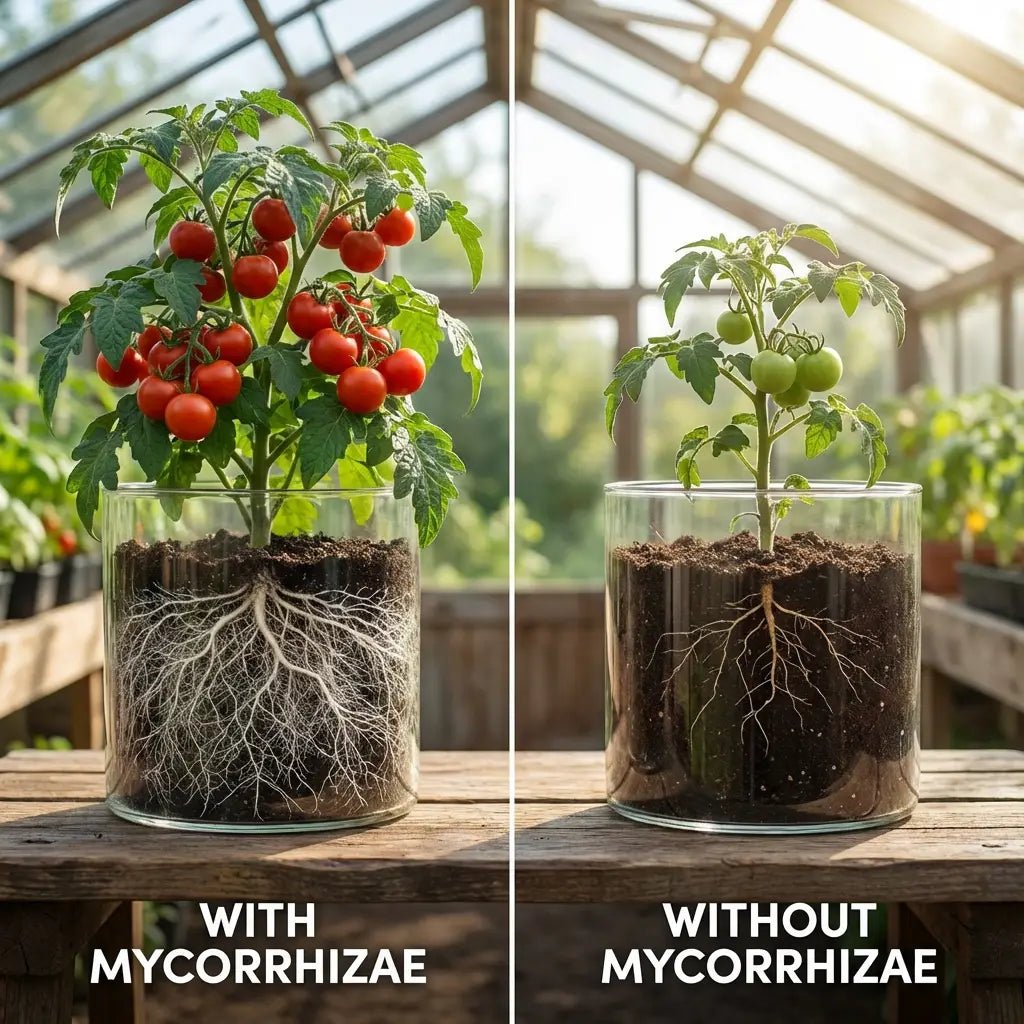 Split-frame comparison: a lush fruiting tomato with dense white roots labelled With Mycorrhizae beside a sparse seedling labelled Without Mycorrhizae