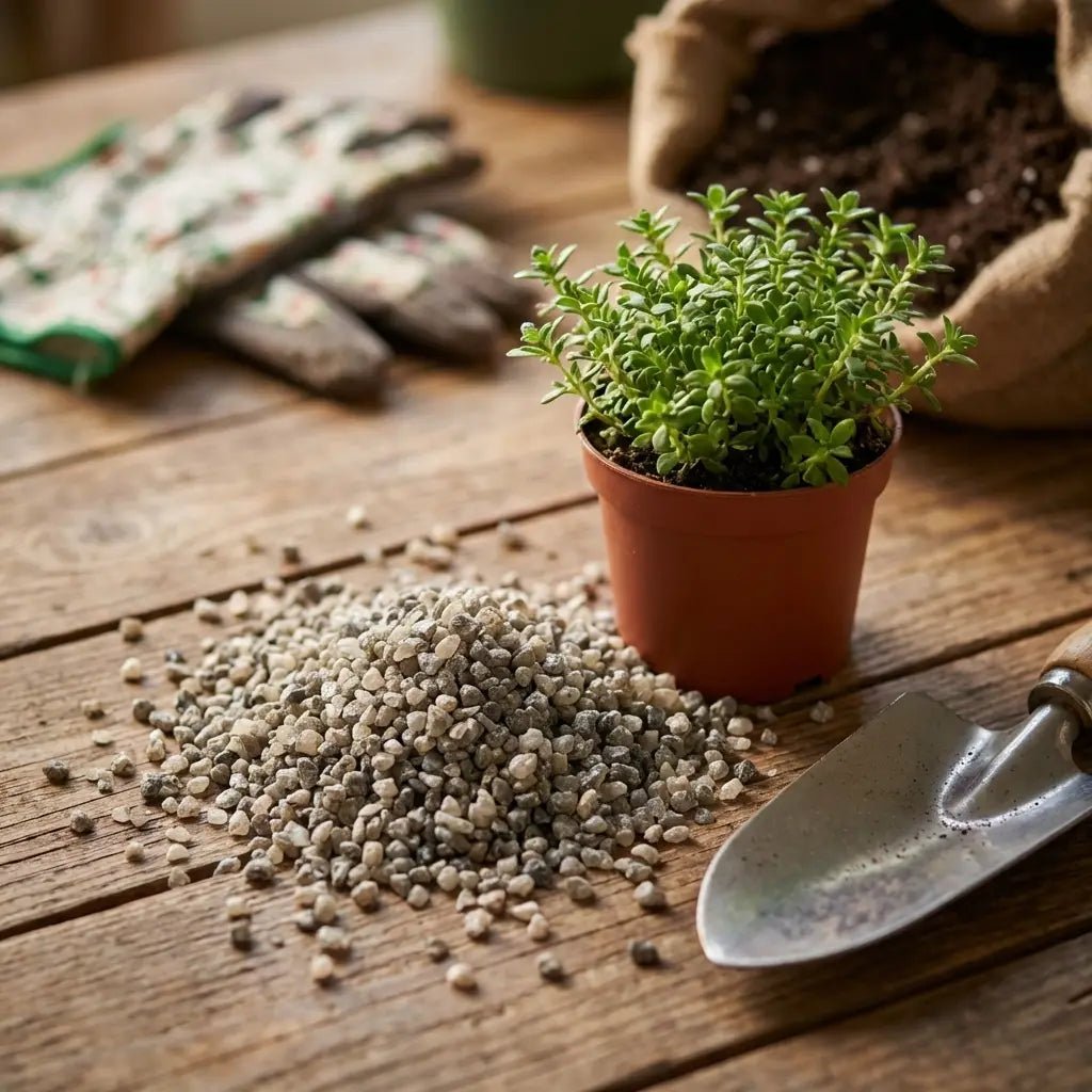 Pile of pale grey-tan polyhalite granules on a wooden table beside a potted herb, a hessian soil sack, gloves and a trowel