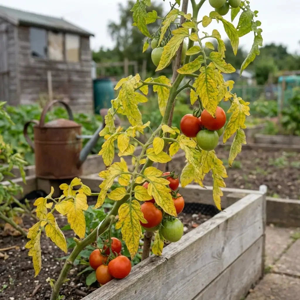 Tomato plant in a raised bed with markedly yellowing leaves and ripening red and green fruit, an allotment shed behind