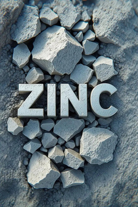 The word ZINC formed in metallic 3D letters among grey mineral rocks and powder